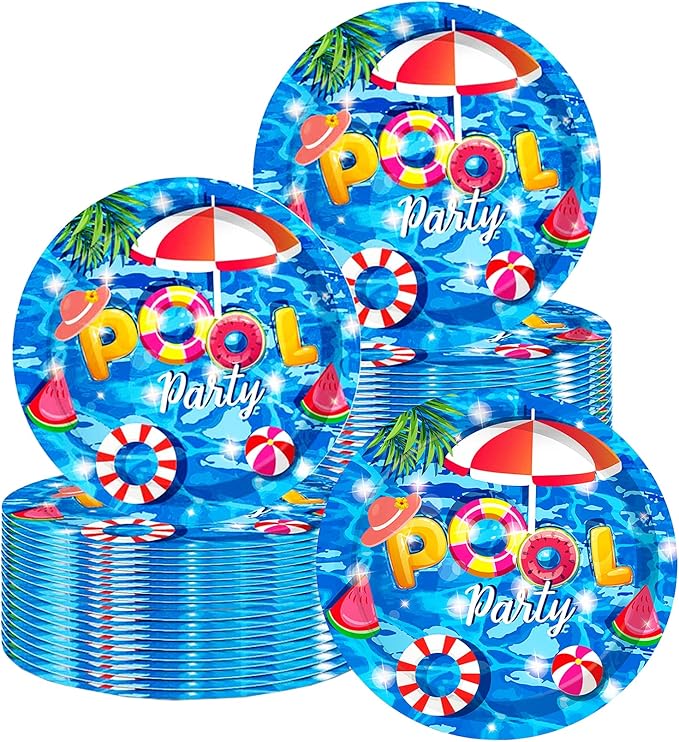 50 Pcs Pool Party Tableware Plates,Pool Party Supplies Beach Party Supplies,7"Summer Pool Party Paper Plates for Summer Beach Theme Pool Birthday Party Decorations