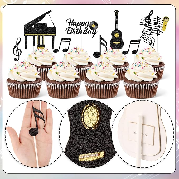 Hooqict 10Pcs Music Cake Decorations Set with Piano, Guitar, Music Notes, Happy Birthday Cake Toppers & Cupcake Toppers for Musician Birthday Party Decorations Supplies