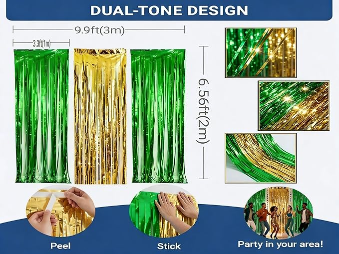 3 Packs Green Gold Foil Fringe Curtains Green Birthday Decorations Streamer 9.9ft for Wedding Party Backdrop Bridal Shower Tinsel,Birthday Party Door Cover Each 3.3 x 6.5 ft
