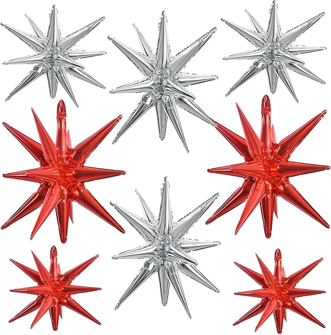 TONIFUL 8 Pcs Red Silver Foil Balloons Large Star Balloons Explosion Star Mylar Balloons for Party Backdrop Christmas New Year Birthday Wedding Baby Shower Anniversary Photo Booth Supplies