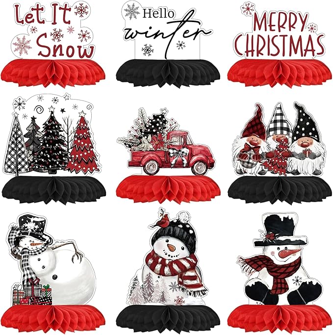 Horaldaily 9PCS Christmas Party Table Decoration Centerpieces, Merry Christmas Snowman Gnome Truck Honeycomb Centerpieces Table Toppers for Christmas Themed Birthday Party