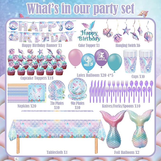 Mermaid Birthday Decorations Party Supplies Include Plates, Napkins, Cups, Cake & Cupcake Toppers, Tablecloth, Banner, Hanging Swirls, Balloons for Girls Mermaid Birthday Party