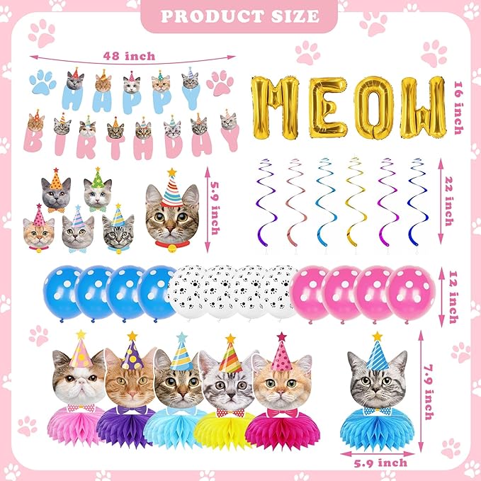 Cat Birthday Party Supplies Party Decorations Includes 1 Birthday Banner, 6 Honeycomb Centerpieces, 6 Hanging Swirls with 6 Cat Cutouts, MEOW Letter Balloons and 12 Balloons