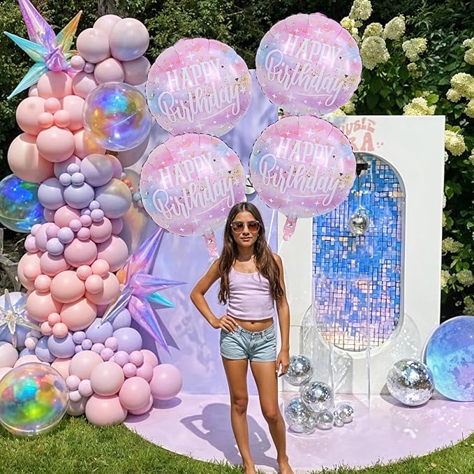 18 Inch Happy Birthday Foil Balloons, 4Pcs Pastel Pink Purple Blue Cloud Helium Mylar Round Birthday Balloons with Stars for Teen Girl Women Outer Space Starry Galaxy Baby Shower Party Decorations