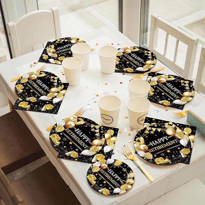 96 Pcs Retirement Party Plates and Napkins Set, Happy Retirement Party Supplies Decorations for Men Women Gold and Black Farewell Going Away Disposable Dinnerware Tableware Kit, Serves 24