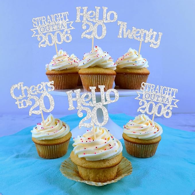 Ephlyn 24Pcs Happy 20th Birthday Cupcake Toppers Glitter Straight Outta 2006 Cupcake Picks Hello 20 Cheers to 20 Years Cake Decorations for 20th Birthday Anniversary Party Decorations Supplies Silver
