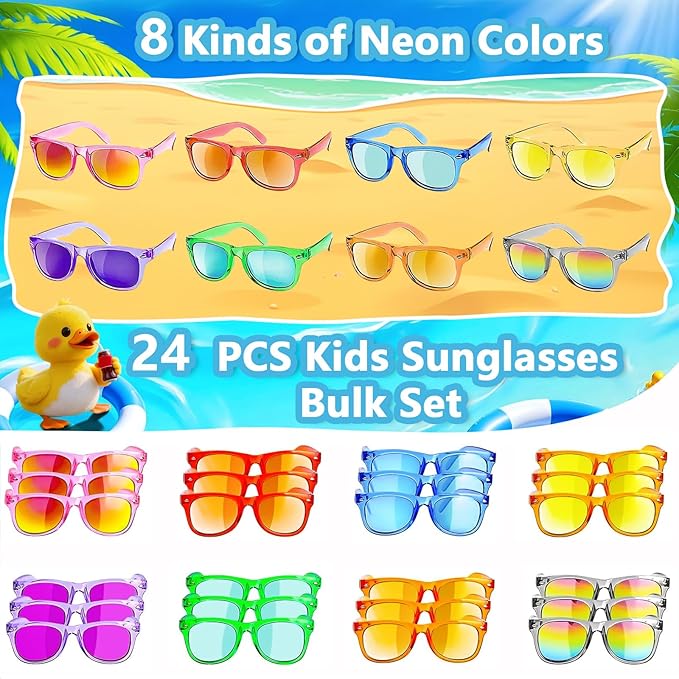 Kids Sunglasses Bulk Party Favors, Neon Polarized UV400 Protection for Boys Girls Ages 3-8, Goodie Bags Stuffers for Birthday Valentine Beach Pool & Classroom Party Supplies (24 Packs)