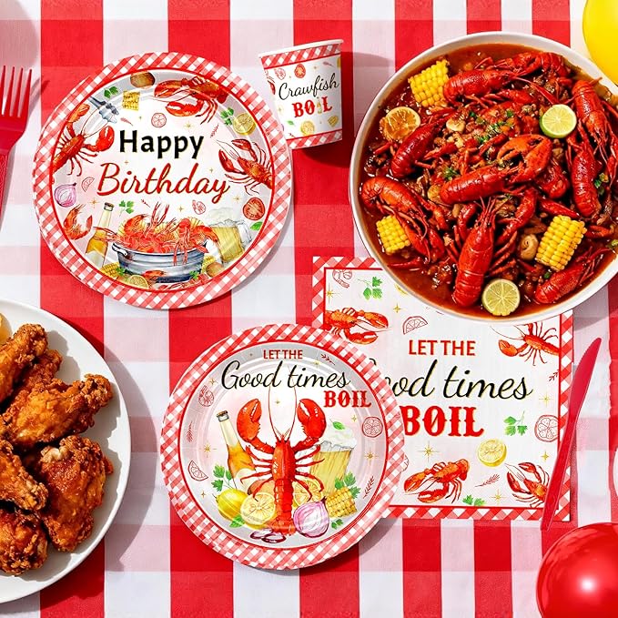 Avezano 144 pcs Crawfish Boil Birthday Party Supplies Let the Good Times Boil Party Plates and Napkins Disposable Lobster Seafood Boil Birthday Party Decorations Serve 24