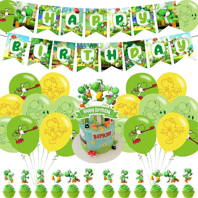 Yoshi Party Decorations,Yoshi Birthday Party Supplies Includes Banner - Cake Topper - 24 Cupcake Toppers - 18 Balloons