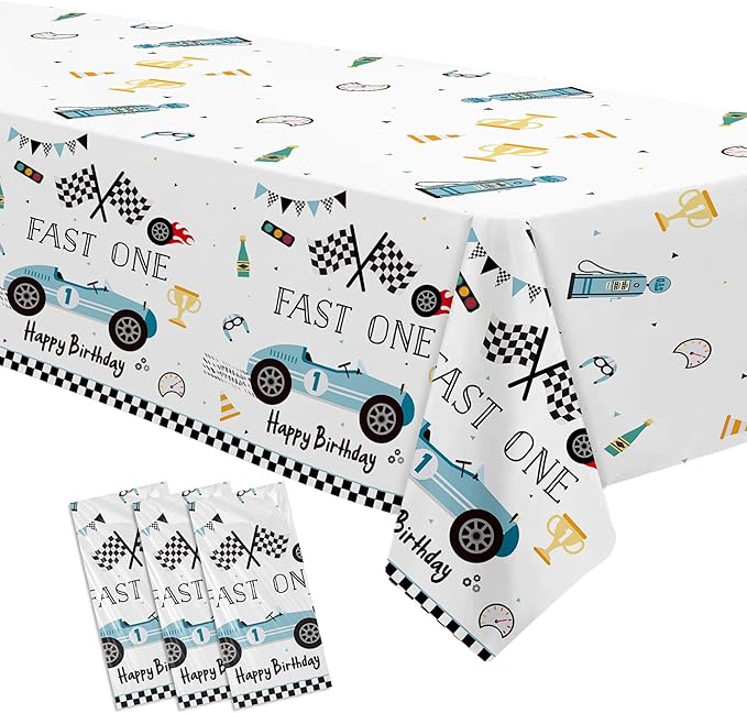 Fast One Birthday Decorations for Boys Tablecloth - Blue Race Car 1st Birthday Party Supplies Table Covers for Racing Car First | 3 Pack (54in x 108in)