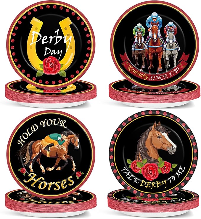 48Pcs Derby Day Party Paper Plates for Horse Racing Themed Party Supplies 7" Kentucky Horse Racing Day Party Disposable Dessert Roses Plates for Derby Horse Race Run Talk Derby to Me Party Decorations