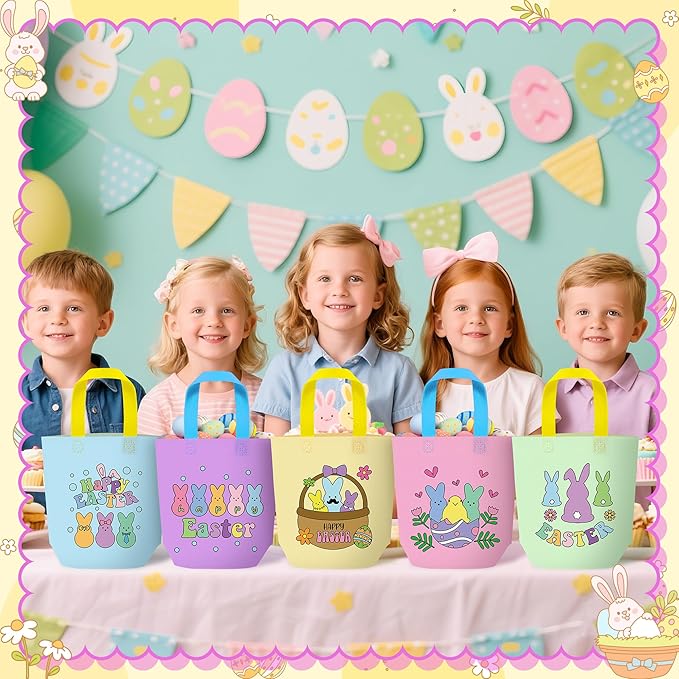 Easter Coloring Goodie Bags for Kids - 24Pcs Bunny Bulk Color Your Own Gift Bags with Handle Colorful Rabbit Reusable Non Woven Coloring Tote Packet for Spring Easter Holiday Party DIY Painting Favors