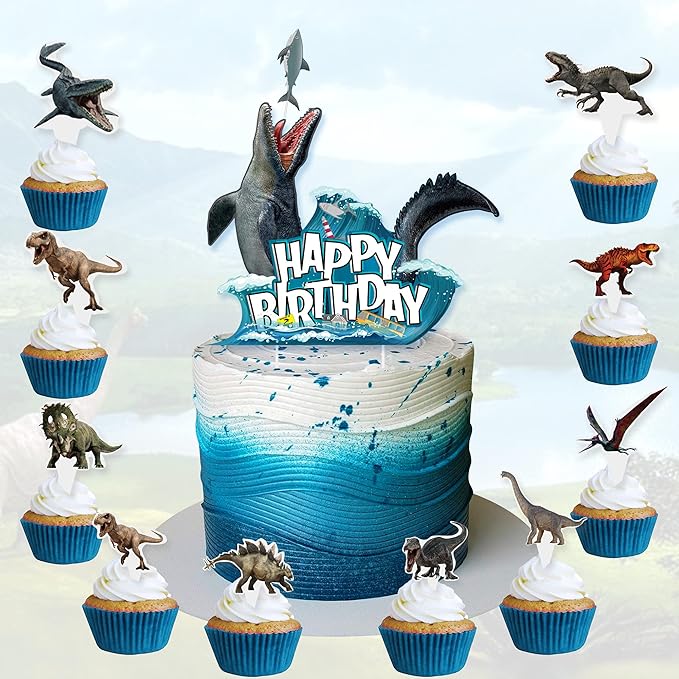 Mosasaurus Dinosaur Cake Toppers Party Decorations 49Pcs Mosasaurus Cupcake Toppers Dinosaur Dessert Decor for Dinosaur Theme Party Birthday Supplies