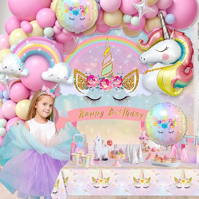 Winrayk 142Pcs Pink Unicorn Party Decorations Birthday Supplies for Girls, Pink Balloon Arch with Backdrop Tablecloth Large Self-designed Foil Balloons, Kids Rainbow Unicorn Theme Birthday Decorations