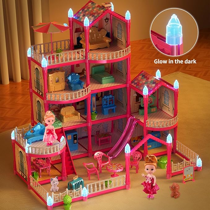 Doll House Toys for Girls, Dollhouse with Glow in The Dark, Kids Doll House Playset with 4-Story 14 Play Areas, 2 Dolls, Toy Dogs, Dollhouse Accessories and Furniture, Princess Toy Gifts