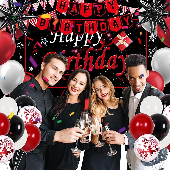 Red Birthday Decorations for Men Women Boys Girls, 75 PCS Red and Black Party Decorations Happy Birthday Backdrop Banner Party Supplies Confetti Star White and Black Balloons Arch Tablecloth