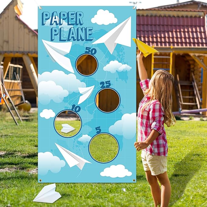 TICIAGA Paper Plane Toss Game Banner, Throwing Target Banner for Glider Airplane, Fun Add-on Toys for Flying Paper Plane, Outdoor Sport Activity for Kid Airplane Theme Summer Birthday Party Decoration