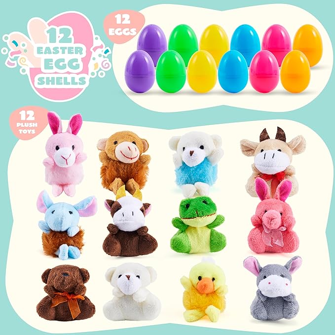 JOYIN 12 Pcs Prefilled Easter Eggs with Plush Toys, Plastic Eggs Filled with Mini Stuffed Plush Toys, Basket Stuffers for Toddlers, Easter Egg Hunt, Party Favors, Classroom Prizes for Kids