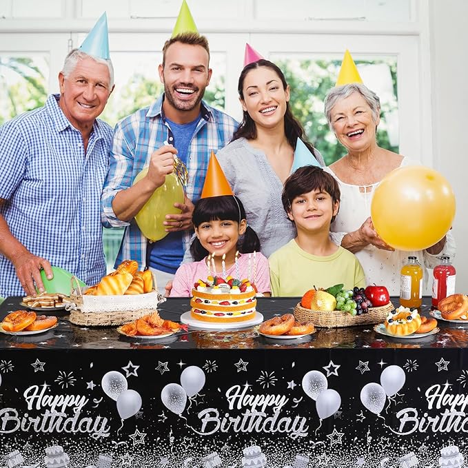 Breling Birthday Party Supplies Confetti Sprinkles Happy Birthday Tablecloths Starry Table Covers for Party Decorations, 54 x 108 Inches(Black and Silver,3 Pack)