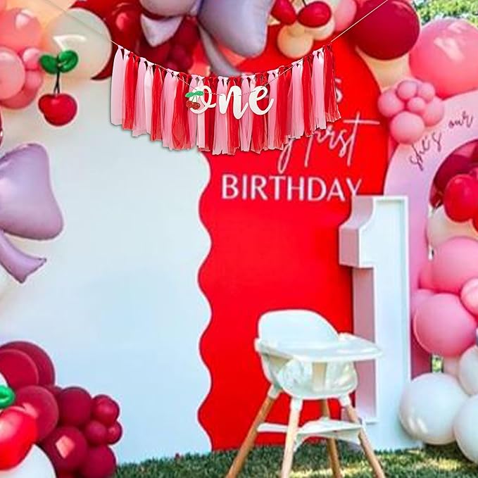 Cherry One High Chair Banner - Cherry Themed First Birthday Party Banner Garland, Sweet Girl Birthday Party Decoration Supplies Garland, Anniversary Photo Shoot Background Props Banner