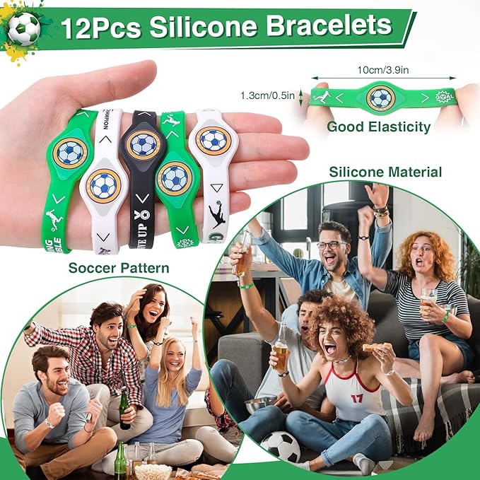 Winrayk 12 Sets Soccer Party Favors Sports Birthday Supplies, Drawstring Bag Silicone Bracelet Keychain Tattoo Sticker, Goodie Stuffer Pinata Filler Teen Kids Boys Soccer Birthday Party Decorations