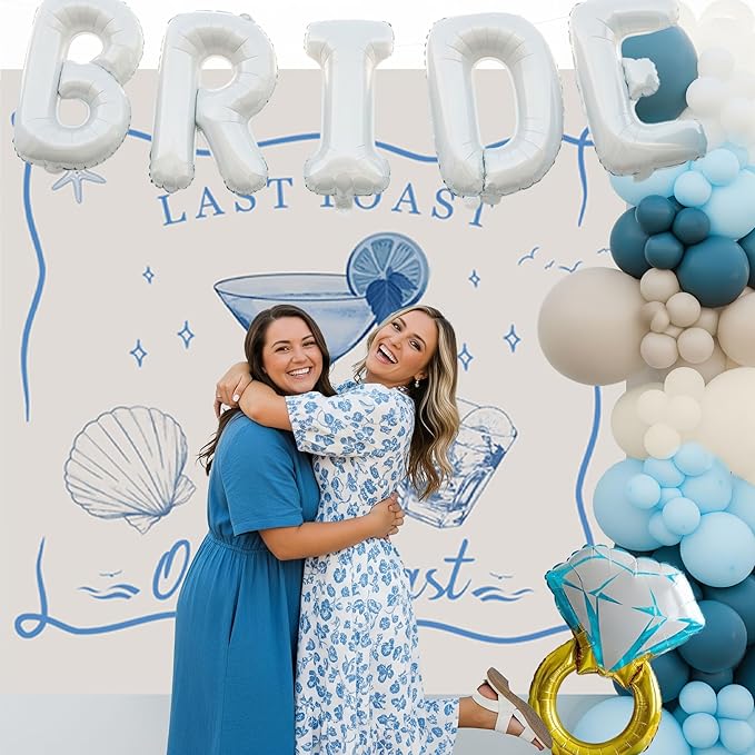 Last Toast on the Coast Bachelorette Decorations Blue bridal shower sand Balloon Garland Kit with Backdrop Huge 40 inch BRIDE letter Diamond Ring balloons for Hen Party Wedding Engagement supplies