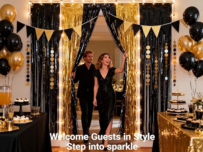3 Packs Black and Gold Foil Fringe Curtains, Birthday Decorations Backdrop Graduation Tinsel Steamer, Retirement Farewell Engagement Wedding Bridal Shower Party Decorations