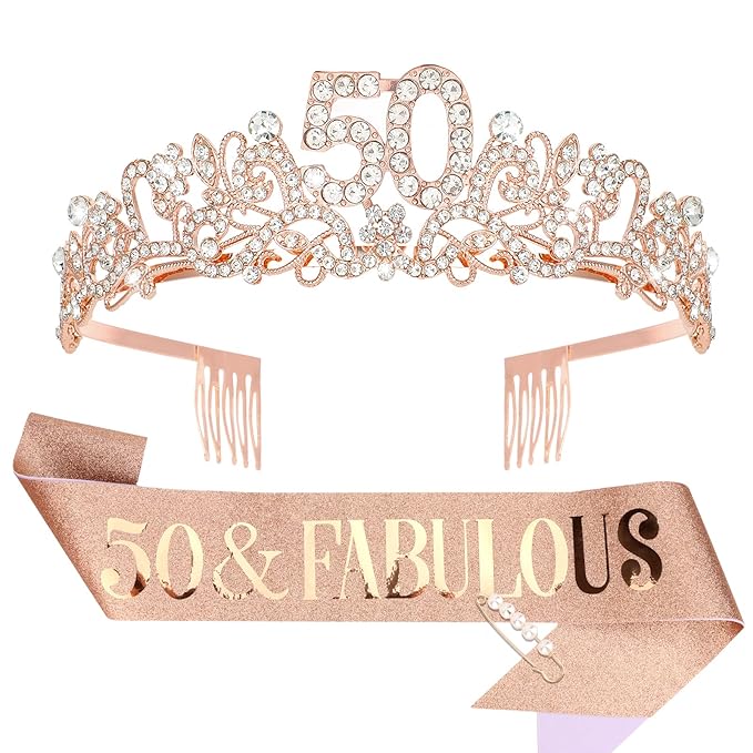 Semato 50th Birthday Decorations for Women Sash and Crown Tiara Kit Rose Gold 50th Birthday Gifts Her Party Supplies