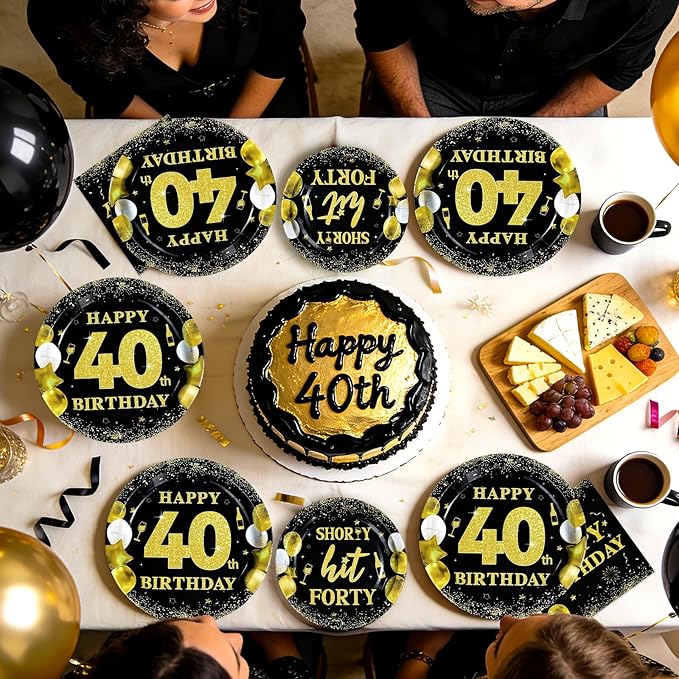 96Pcs 40th Birthday Party Supplies Black and Gold Shorty Hit Forty Plates and Napkins Gold Cheers to 40 Tableware Set for Women Men Happy 40th Birthday Party Supplies，Serves 24