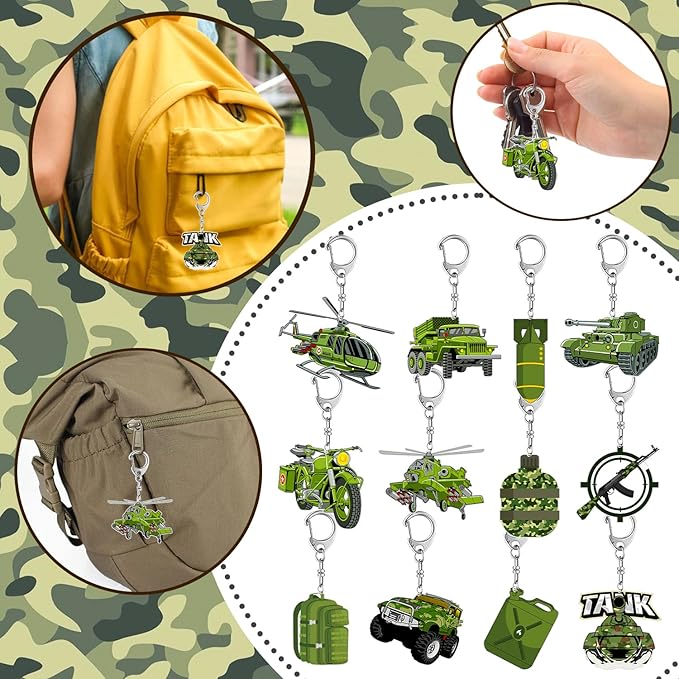 12 PCS Army Party Favors Military Camo Acrylic Keychains for Army Birthday Party Decorations Supplies Gifts for Kids Classroom Prizes