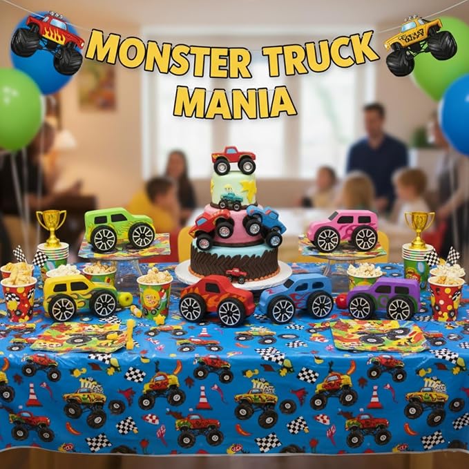12 PCS Monster Truck Party Favors & DIY Craft Kit - Unfinished Wooden Truck Painting Set with Bubble Wands, Paints, Brushes & Cards - Birthday Party Favors for Kids, Boys & Girls, Classroom Rewards