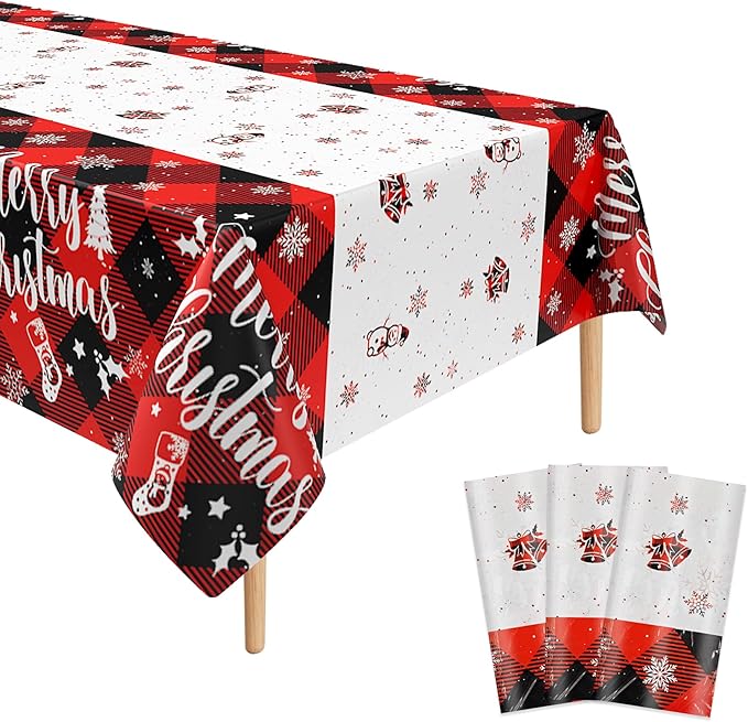 3Pcs Christmas Buffalo Plaid Snowflake Tablecloth, 51 x 86 Inch Red and Black Checkered Plastic Table Cover for Winter Holiday, New Year, Christmas Party Decorations