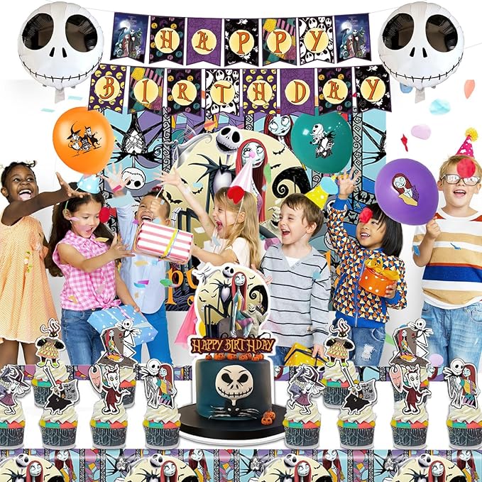 Birthday Decorations, Nightmare Christmas Party Supplies Halloween Birthday Party Decorations Set Includes Banner Balloons Tablecloth Backdrop Hanging Swirls Cake Toppers