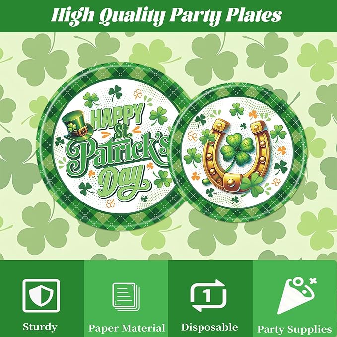 Rakuto St Patricks Day Plates and Napkins Decorations, 96PCS Lucky Green Shamrock Disposable Forks Party Decoration, Happy St Patrick's Day Tableware Decor for Irish Birthday Holiday Serve 24