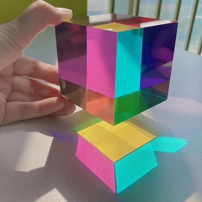 CMY Color Cube, 2.75 inch (70mm) Acrylic Multi-Color Cube Prism for Physics Education Learning and Office Desktop Decor, Scientific Toys and Gifts for Kids