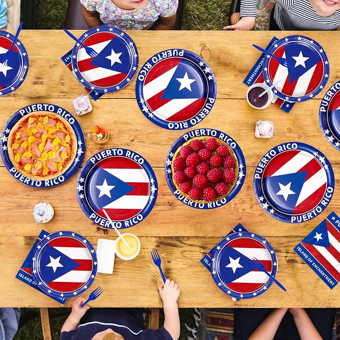 96Pcs Puerto Rico Flag Party Supplies Puerto Rico Flag Plates Disposable Red White Blue Paper Tableware Set for Rican Fiesta Birthday Party National Day Cultural Celebrations, Serves 24