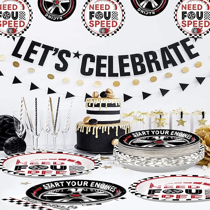 96 Pcs Need Four Speed Birthday Decorations Disposable Race Car Themed 4th Party Plates and Napkins Checkered Flag Tableware Set for Kids Boys Racing Car 4 Year Old Birthday Party Supplies Serves 24