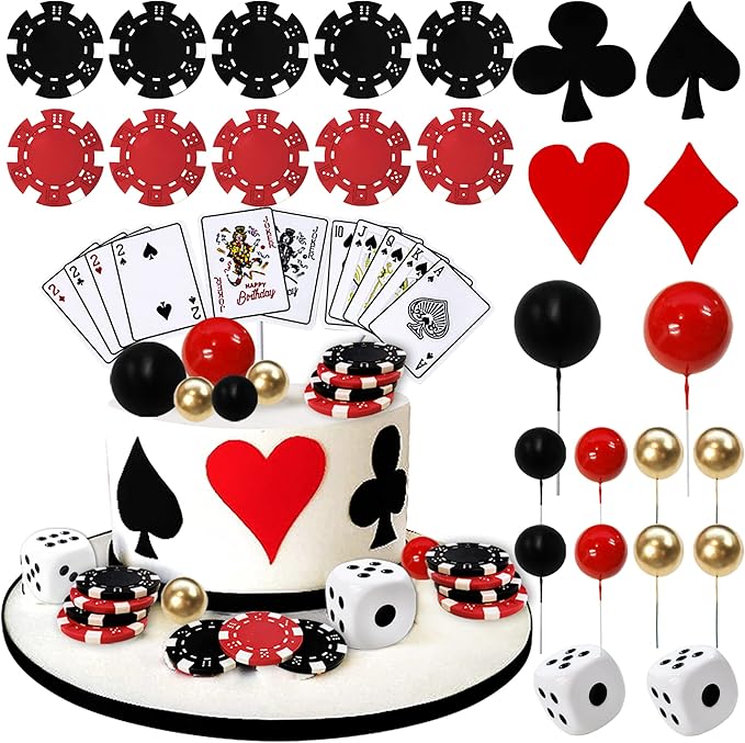 29PCS Casino Cake Decoration Dice Poker Chips Cupcake Cake Topper Set Ball Cake Topper Playing Card Game Theme Picks for Las Vegas Scene Birthday Party Decoration Supplies