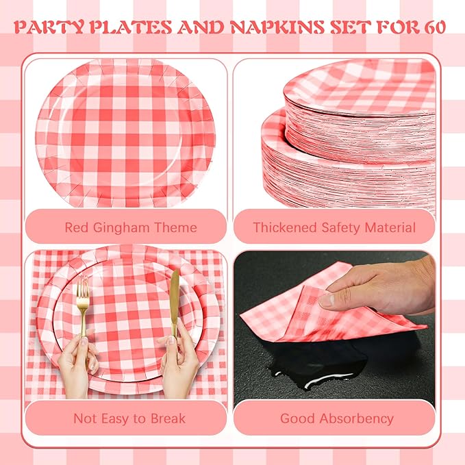180Pcs Red Gingham Party Supplies Paper Plates and Napkins Serve 60 Disposable Tableware Set for Birthday Party Decorations Game Day Family Holiday Sports Events