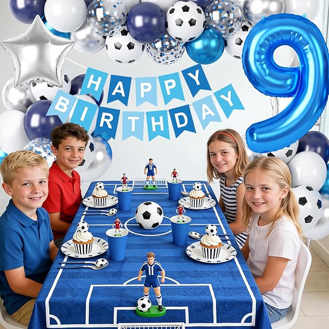 Soccer Party Decorations for Boys, 9th Soccer Birthday Decoration with Blue White Silver Balloons 'HAPPY BIRTHDAY' Banner Cake Toppers 32in Foil 9 Balloon for Boys Birthday Decor