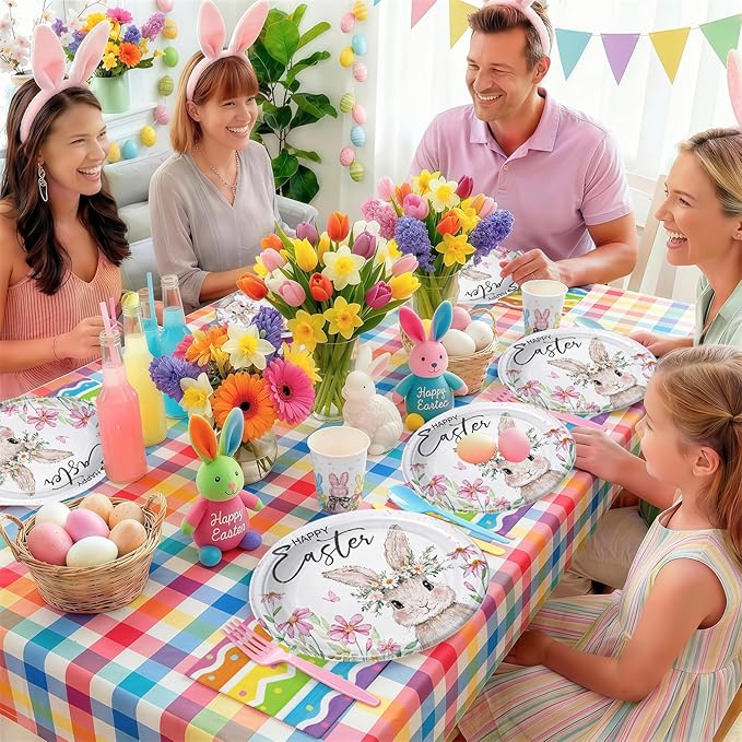 50PCS Easter Party Supplies Happy Easter Party Decorations Vintage Bunny Flower Paper Plates Napkins Cute Rabbit Wlidflower Themed tableware for Spring Holiday Picnic Serve 25