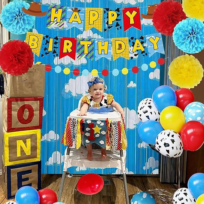 Cartoon Story Birthday Party Supplies Decorations, Include Banner, Balloons, Foil Fringe Curtains, Paper Garland Pull Flower, Tissue Paper Pom Poms