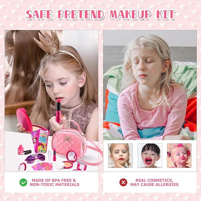 Little Girl Purse with Pretend Makeup Kit, Toddler Purses with Accessories, Kids Play Make up Toy with Handbags, Pink Princess Kit Gifts Toddler Girls Toys for 3 3-5 4-6 3 4 5 6 7 8 Year Old