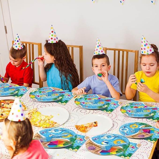 200pcs Goodbye School Hello Pool Plates Napkins End of School Year Party Tableware Set School's Out Disposable Decoration Summer Pool Dessert Plates Serve 50 Guests for Birthday Party Supplies
