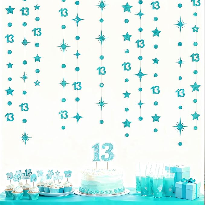 Teal Blue 13th Birthday Decorations Number 13 Circle Dot Star Garland Glitter Streamer Banner Backdrop for Girls Boys Official Teenager Cheers to 13 Years Old Birthday 13th Anniversary Party Supplies
