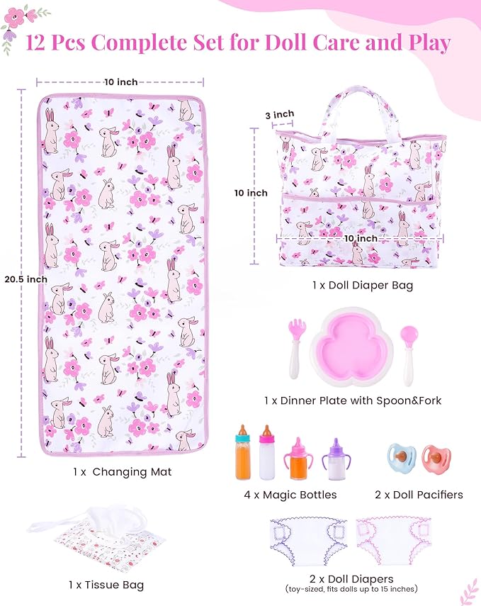 BABESIDE Baby Doll Accessories – 12 Pcs Baby Doll Diaper Bag Playset with Changing Mat & Magic Bottles, Role Play Gift for Girls 3+, Fits Dolls up to 20 Inch (Doll Not Included)