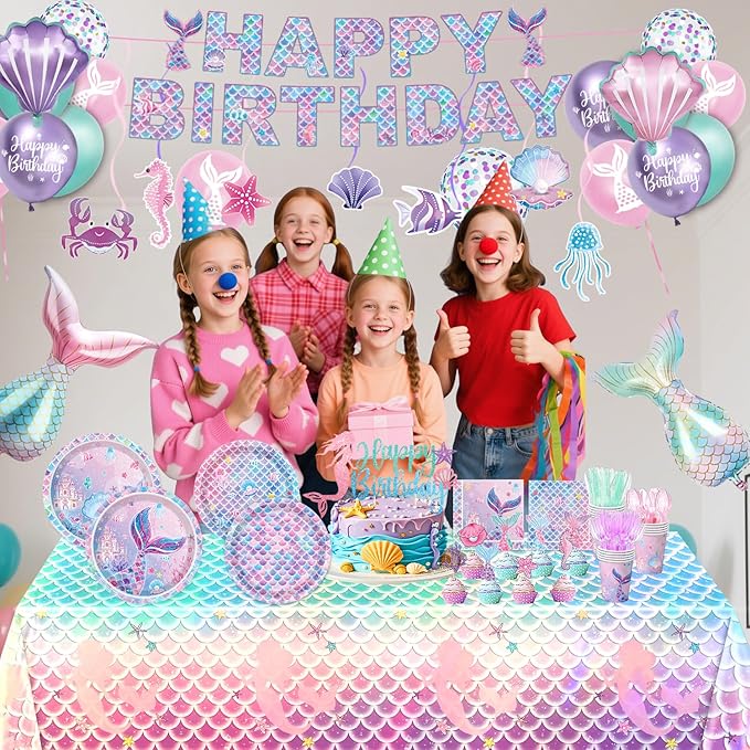 4 Pack Mermaid Tablecloth Mermaids Laser Table Cover for Girls Mermaid Birthday Party Decorations, 108x54 Inch