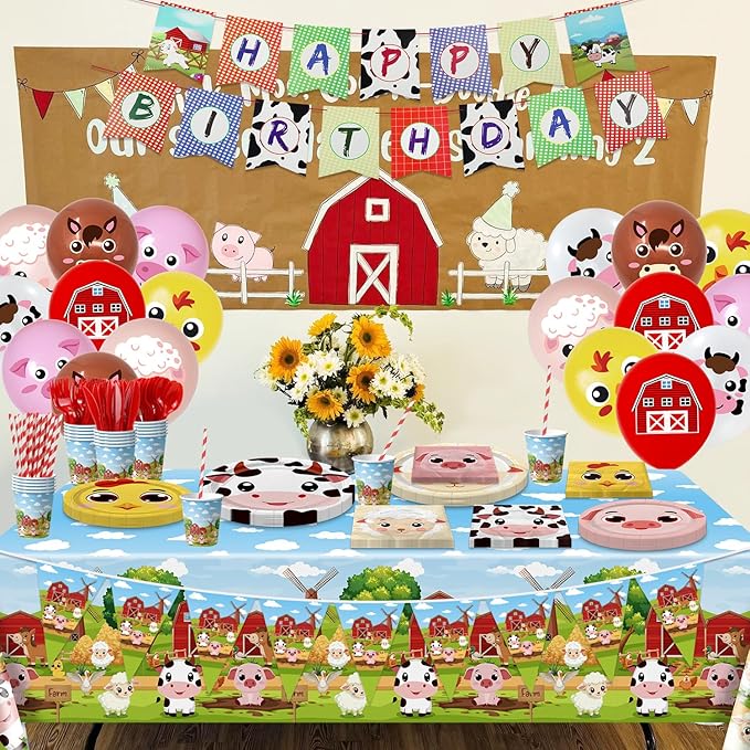 Farm Birthday Decorations -181 Pcs Farm Birthday Party Supplies serves 20, Farm Animal Tableware Set