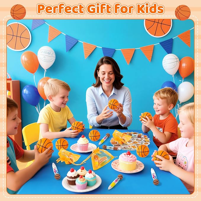 CY2SIDE 12 Pack Basketball Squeeze Toy Party Favor Gift Set with Ballpoint Pen Sticker and Organza Bag 2.5’’ Basketball Foam Stress Ball Classroom Prize for Kid Sport Lover Birthday Goodie Bag Stuffer