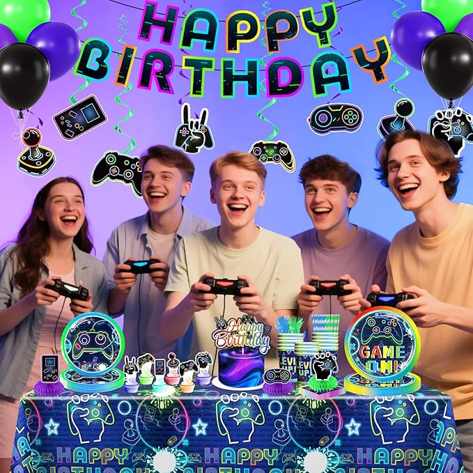 174 Pcs Gamer Birthday Party Decorations Tableware Set with 300gsm Plates and Napkins, Serves 25, 2 Tablecloths, Banner, Cake Toppers, for Boys Video Game Birthday Decorations, Multicolor